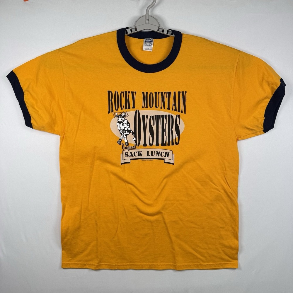 Yellow Rocky Mountain Oysters Sack Lunch Ringer T-shirt XL NWOT - Picture 2 of 5